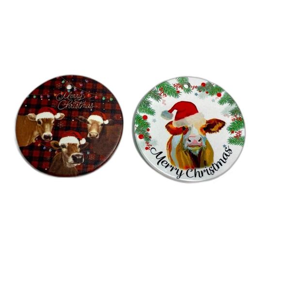 Farmhouse Set of 2 Christmas Ornaments Cows Santa Farm Rustic Holiday Decor New - Picture 1 of 3